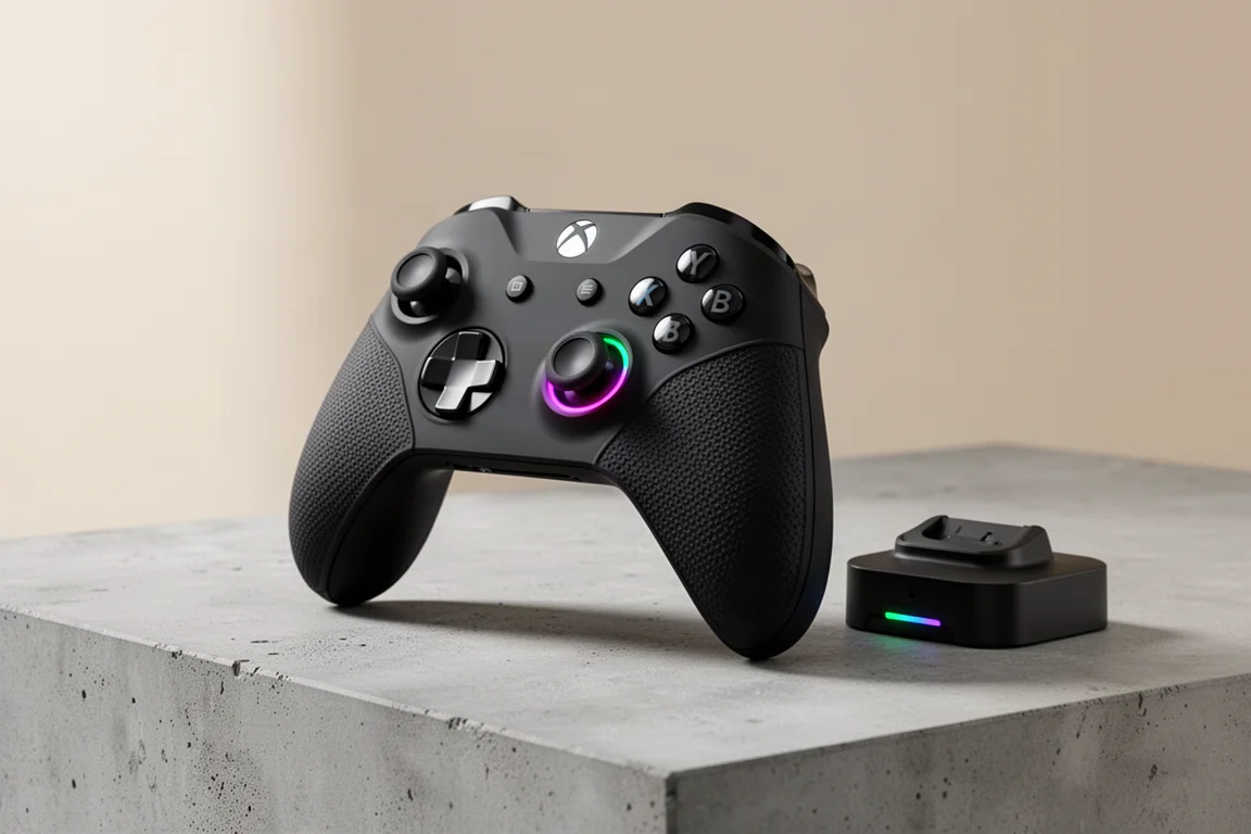 Manette 8BitDo Ultimate 3E avec station de charge sur une surface en béton mat