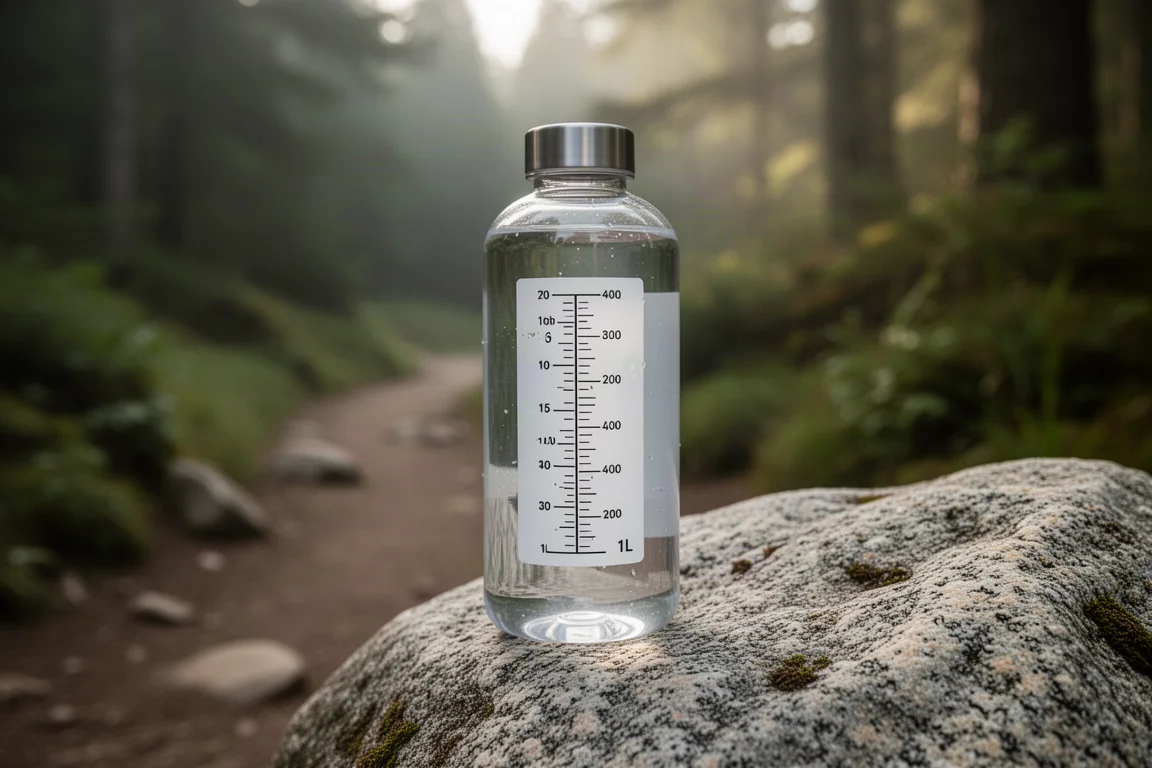 Close-up of a water bottle with measurement stickers on a trail