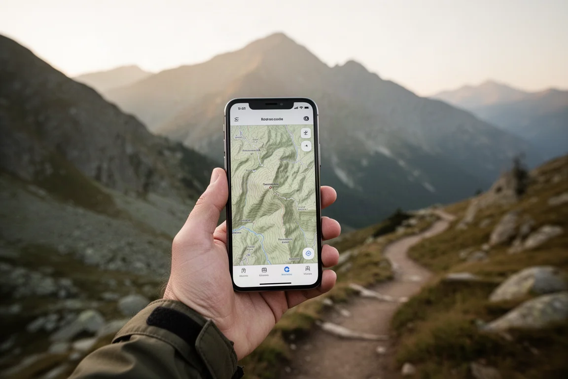 Hiker checking a navigation app on a smartphone in a mountain landscape