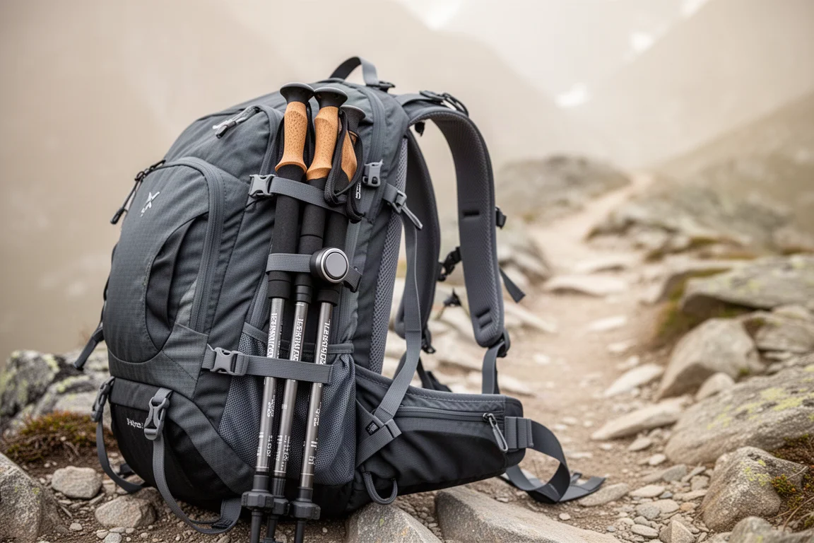 Trekking poles magnetically attached to a backpack on a rocky trail