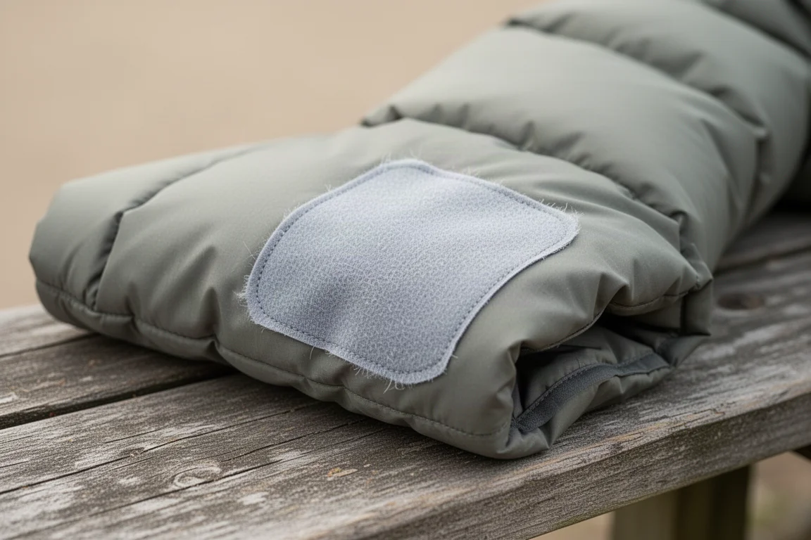 Repair patch applied to a jacket sleeve in an outdoor setting