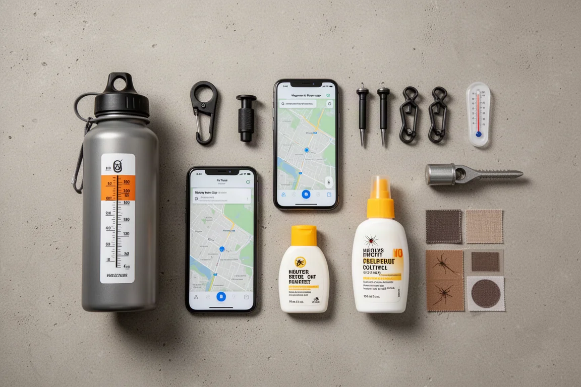 Flat lay of small backpacking accessories on a concrete surface