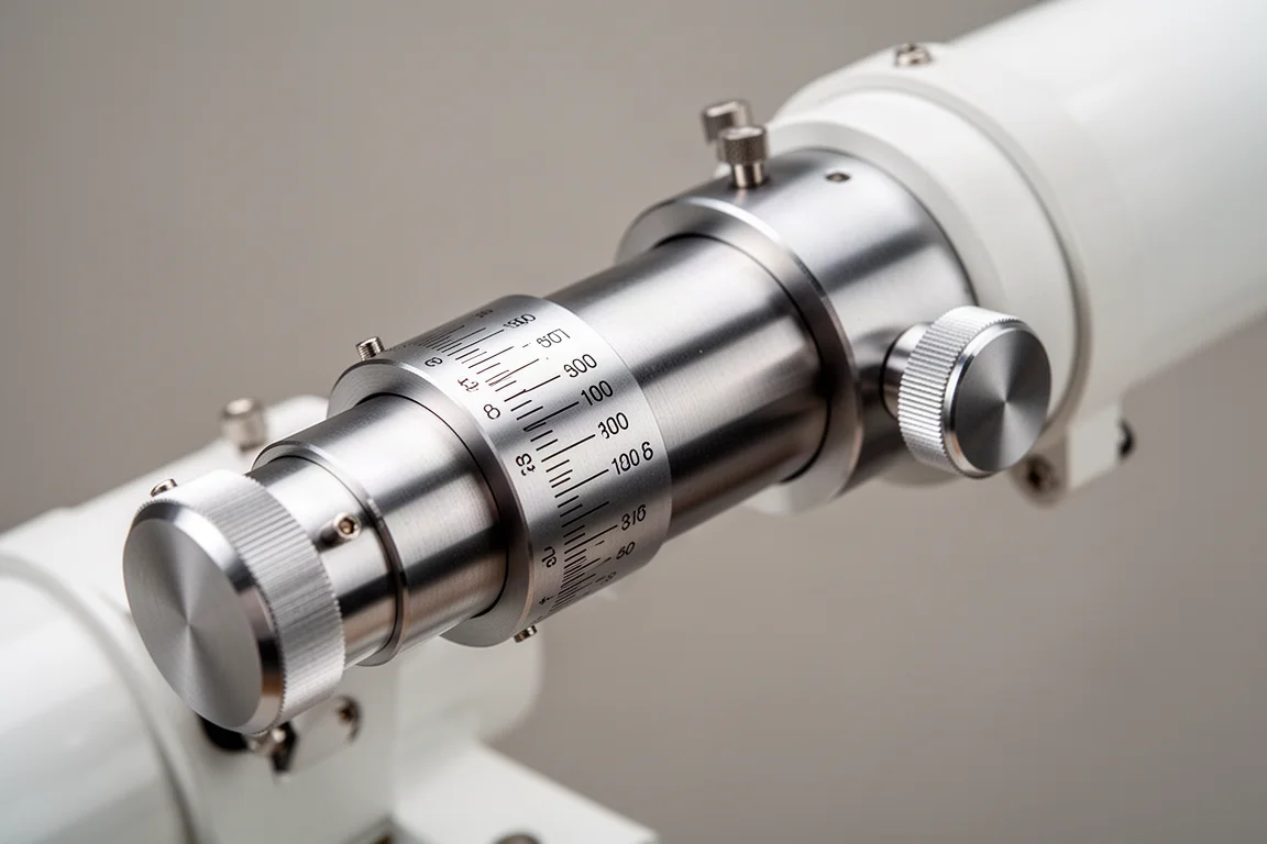 Nahaufnahme des Auszugsrohrs eines Dual-Speed-Fokusiersers mit Fokusmarkierungen an einem Refraktor