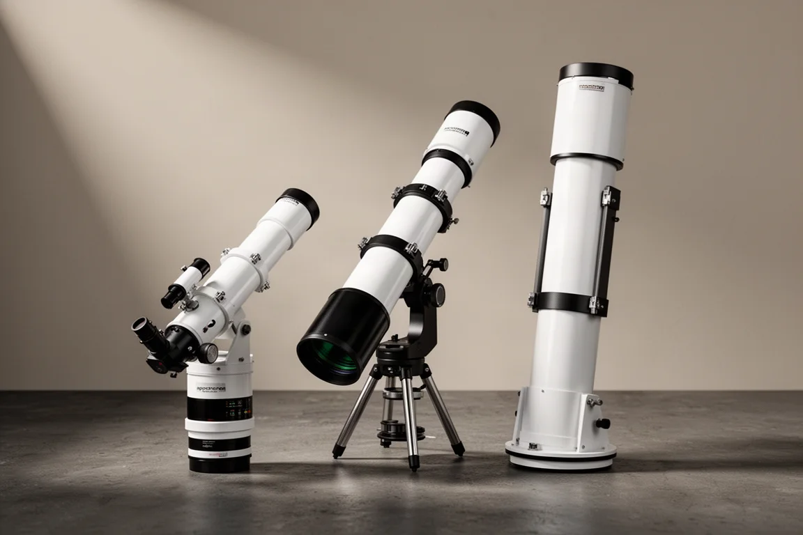 Three 90mm apochromatic refractor telescopes side by side on a dark surface