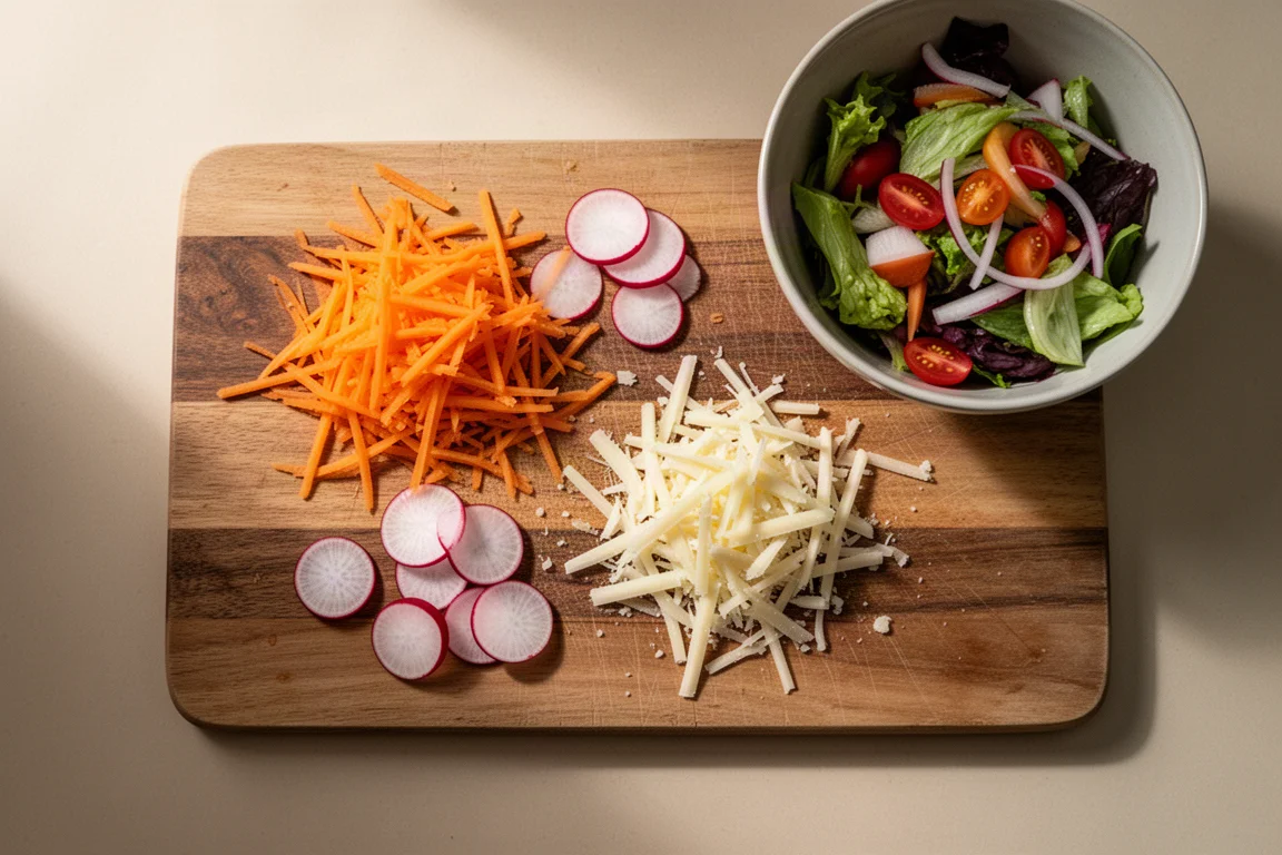 Shredded carrot and grated cheese scattered on a cutting board beside a salad bowl