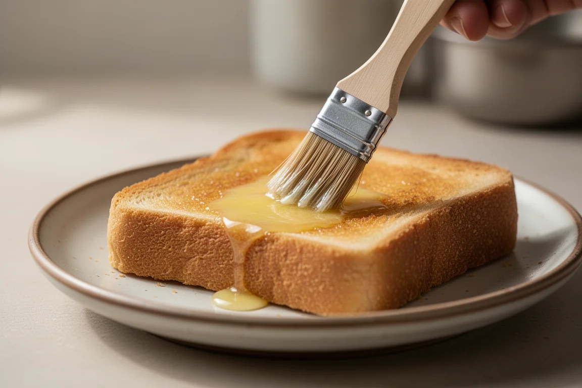 Butter being brushed onto toast in a warm kitchen scene