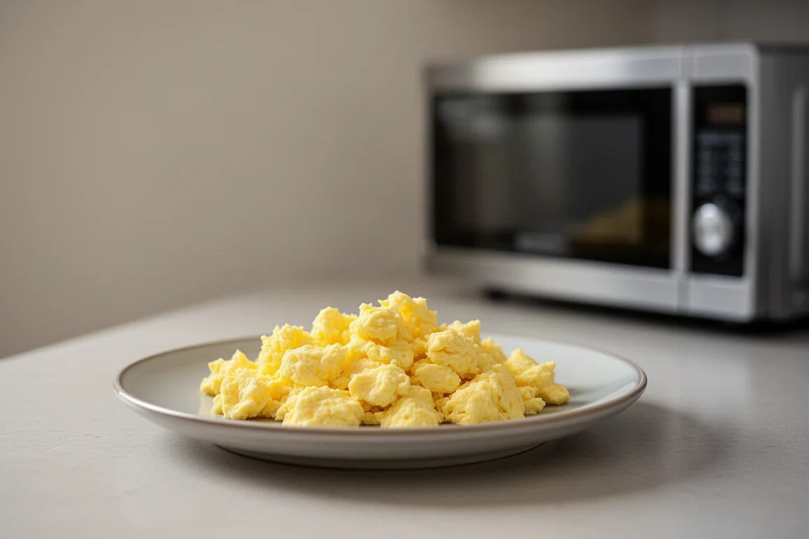 Scrambled eggs plated beside a microwave in a home kitchen