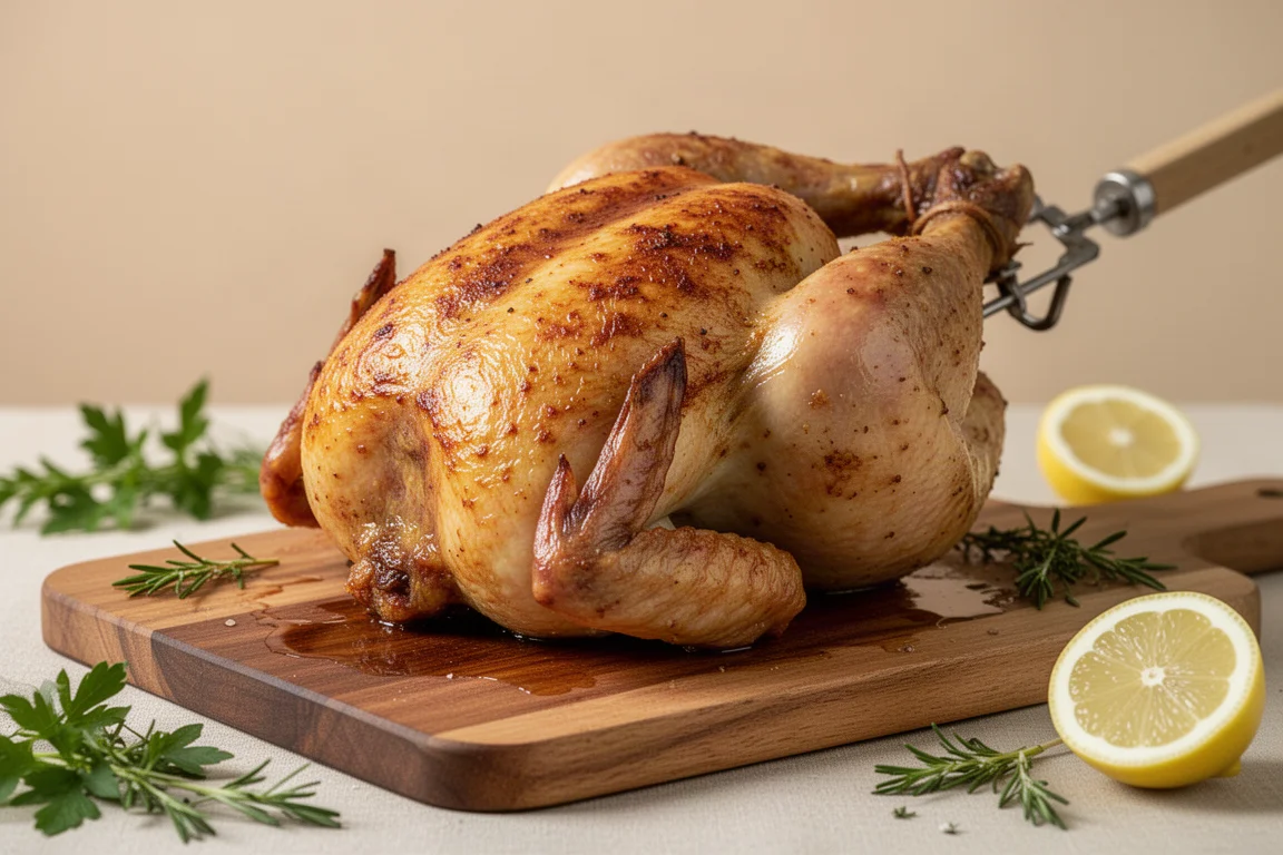 Golden roasted rotisserie chicken resting on a wooden carving board
