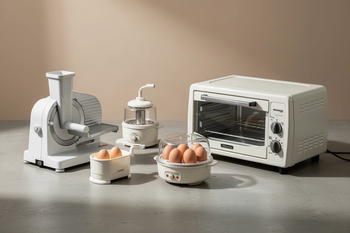 Four retro 1990s kitchen appliances arranged on a concrete surface