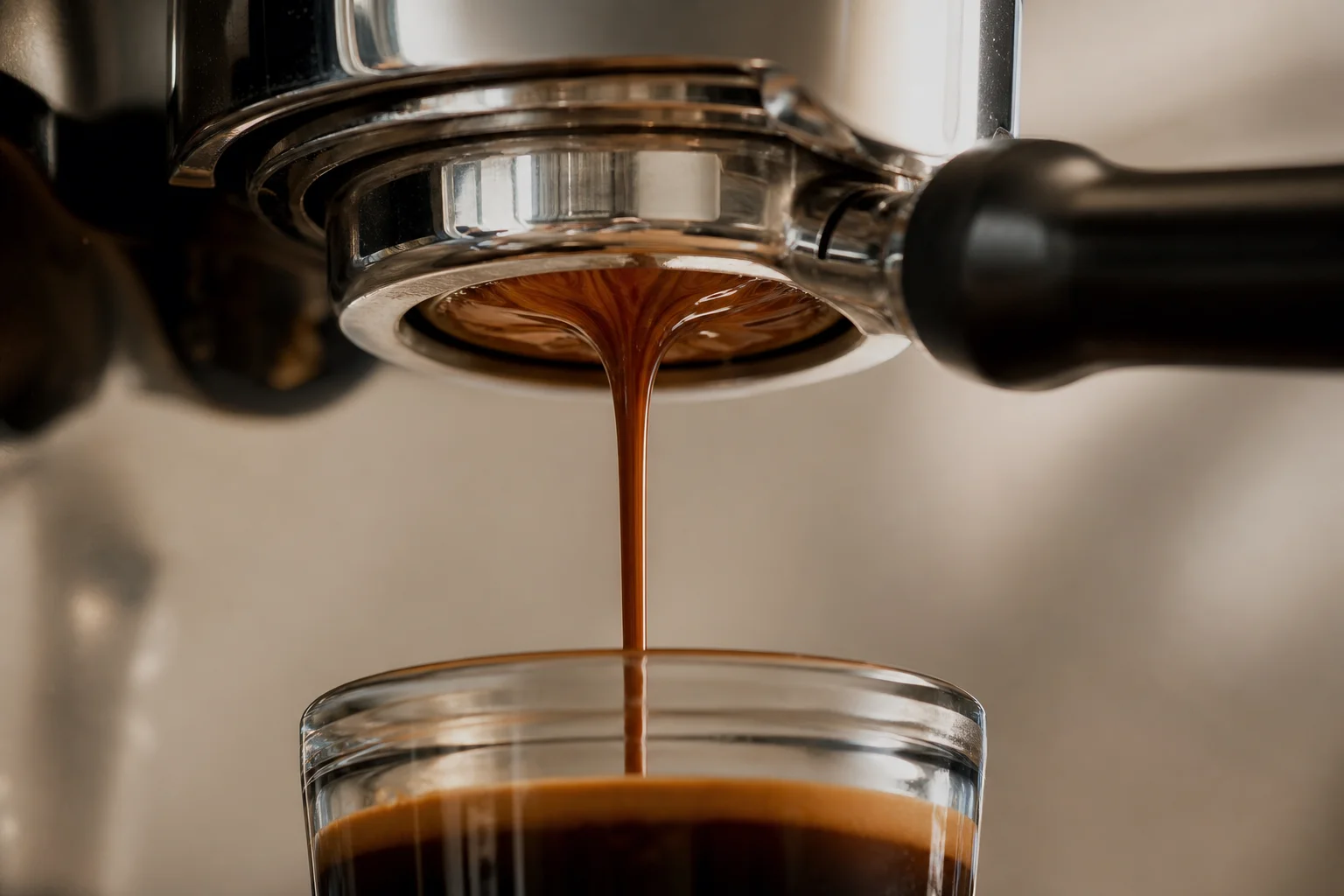 Espresso fließt aus einem umgedrehten Siebträger in die Auffangkammer