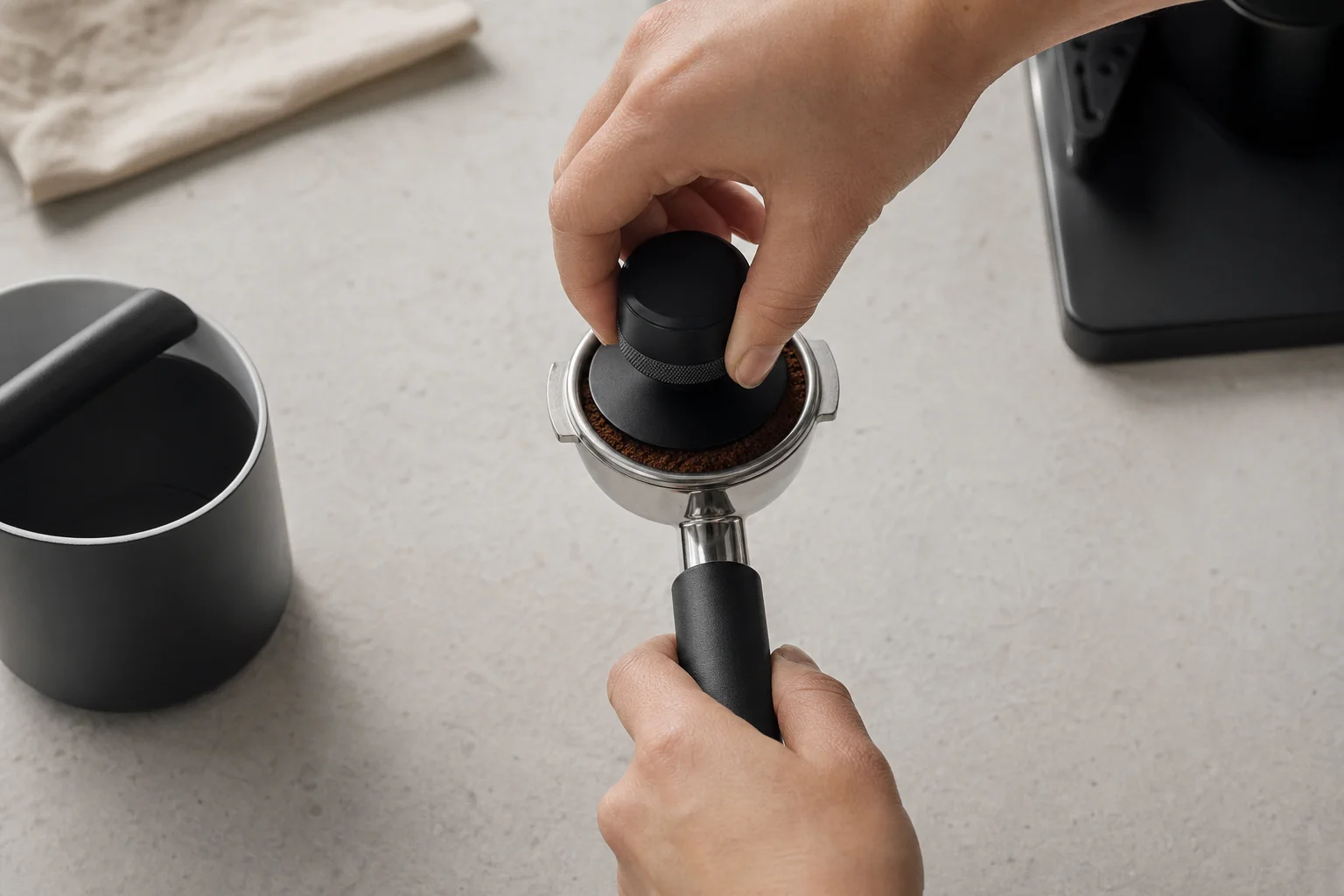 Ein Barista drückt Kaffeemehl in den 9Barista-Siebträger