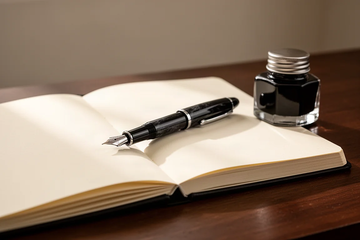 A large fountain pen resting on an open journal beside an ink bottle
