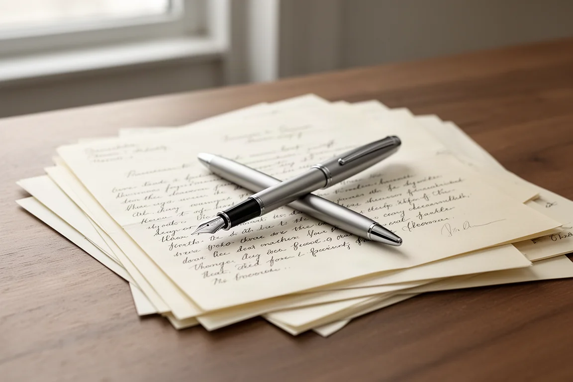 A slim elegant fountain pen beside a stack of handwritten letters