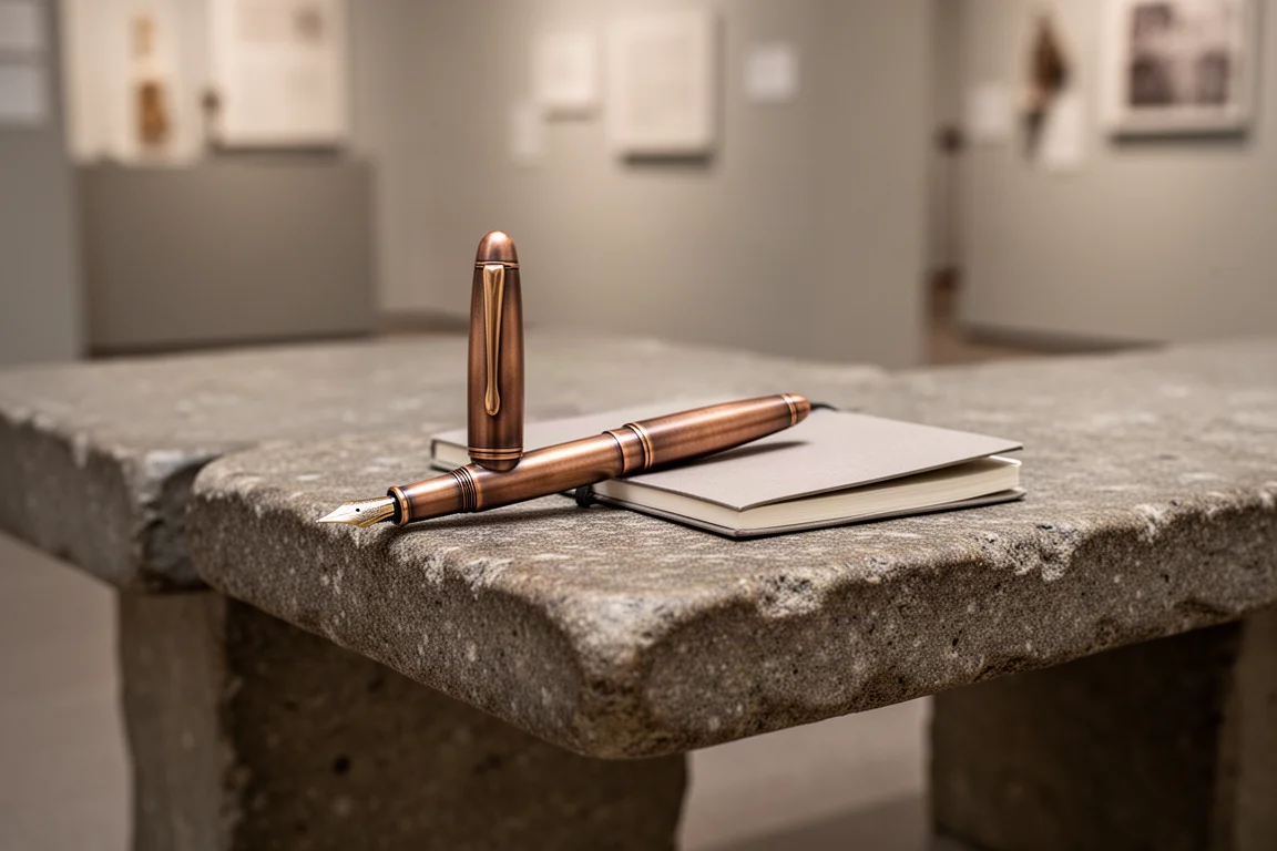 A compact bronze fountain pen on a museum bench with a notebook