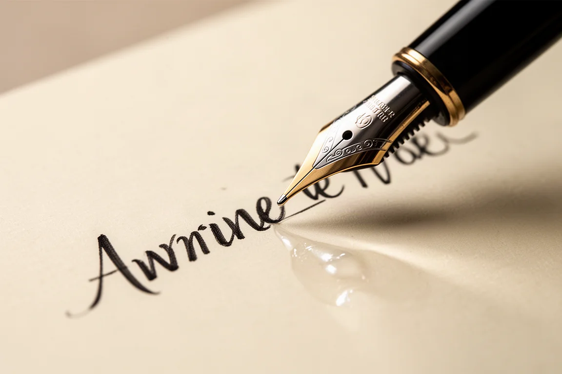 Close-up of a fountain pen nib producing expressive flex line variations