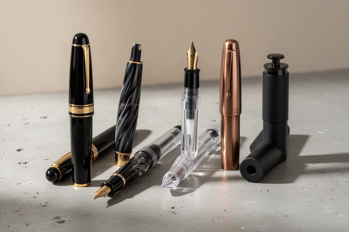Una collezione di dodici penne stilografiche di stili diversi disposte su una superficie neutra