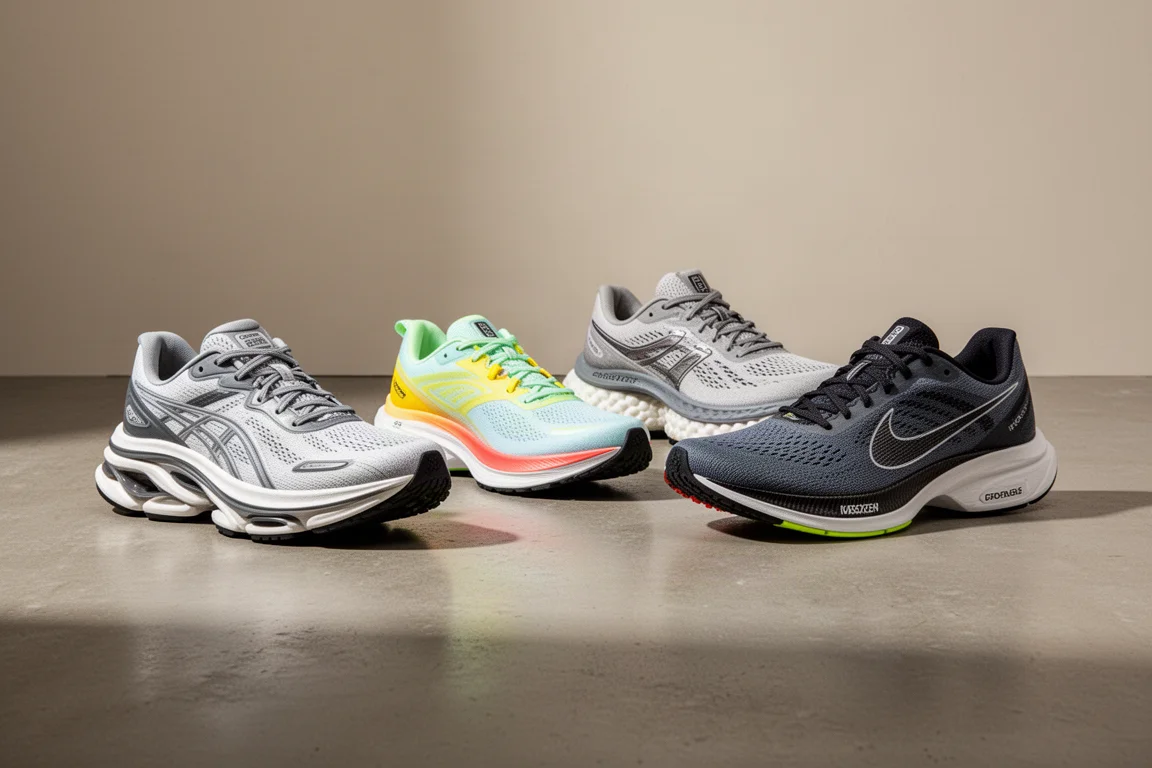 Four plated running shoes arranged in a row on a concrete studio floor