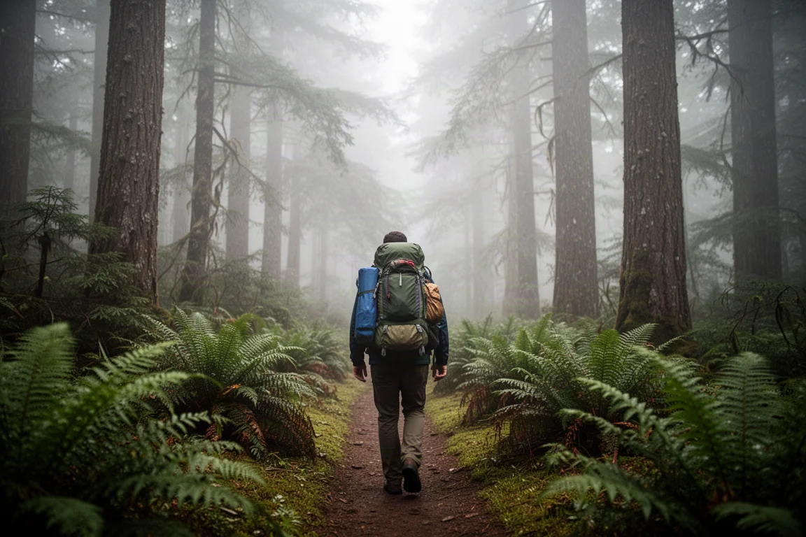 Escursionista visto da dietro su un sentiero di conifere nella nebbia con uno zaino da trekking carico