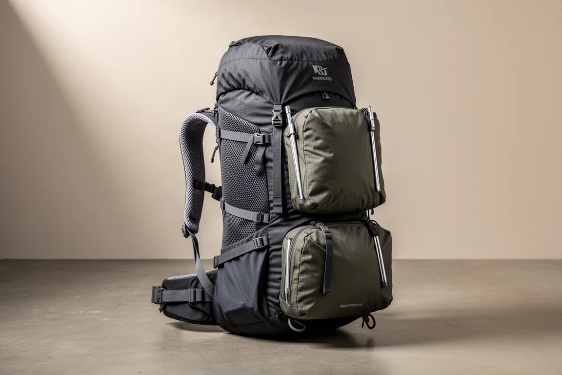 Technischer Trekkingrucksack mit zwei großen Fronttaschen auf einem Betonboden stehend