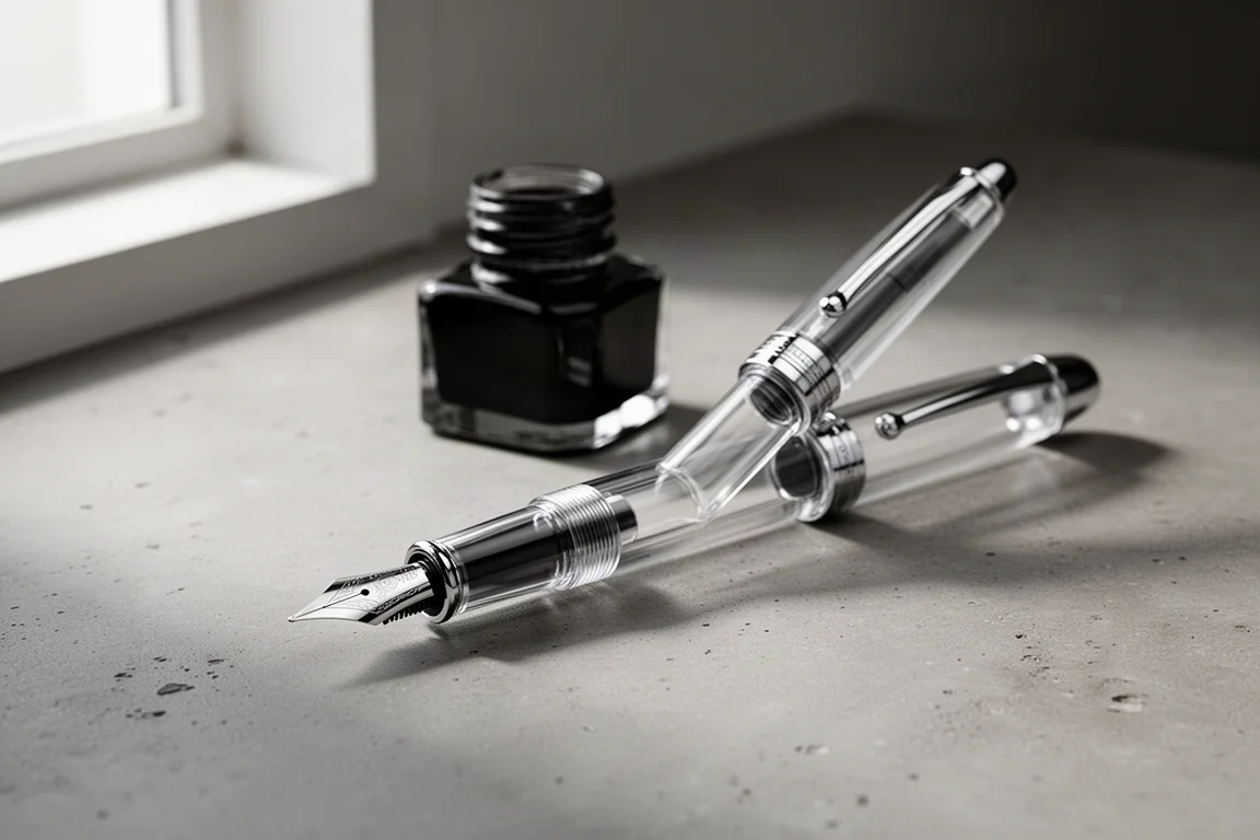 Stylo-plume transparent avec garniture chromée à côté d'une petite bouteille d'encre sur un bureau en béton