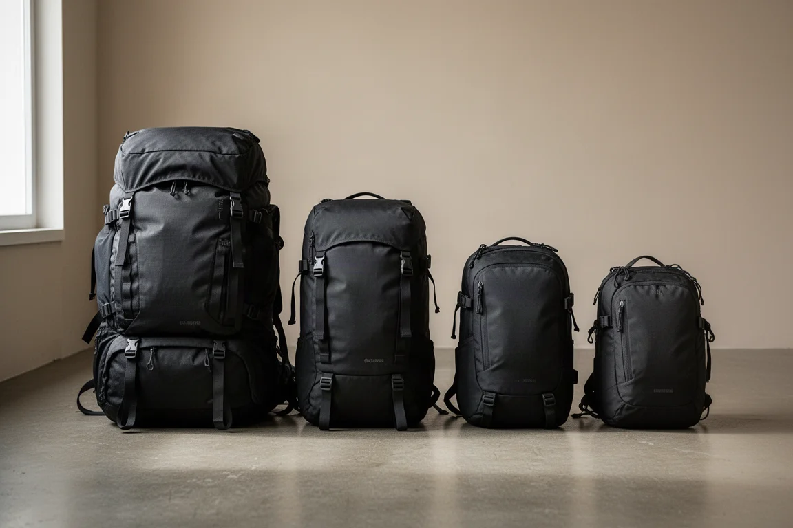Four backpacks lined up side by side from largest to smallest on a neutral surface