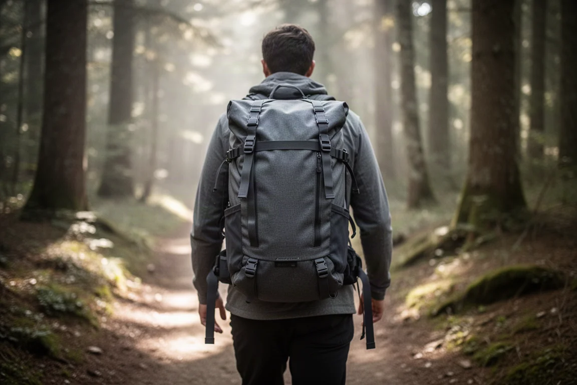 Hiker on a forest trail wearing a compact top-loading backpack