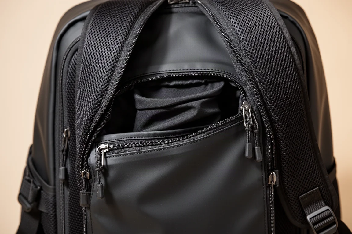Close-up of a backpack front slash pocket with side-access zippers open