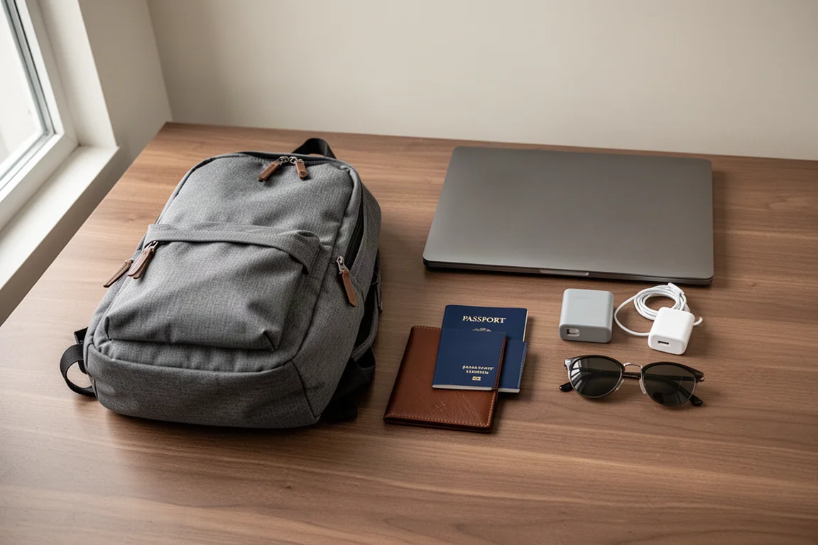 Laptop and daily essentials laid out flat next to a small day pack