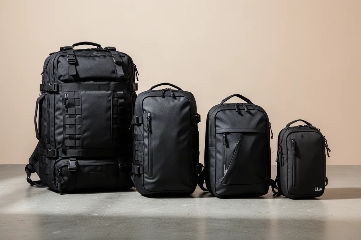 Quattro zaini Able Carry allineati dal più grande al più piccolo su una superficie neutra