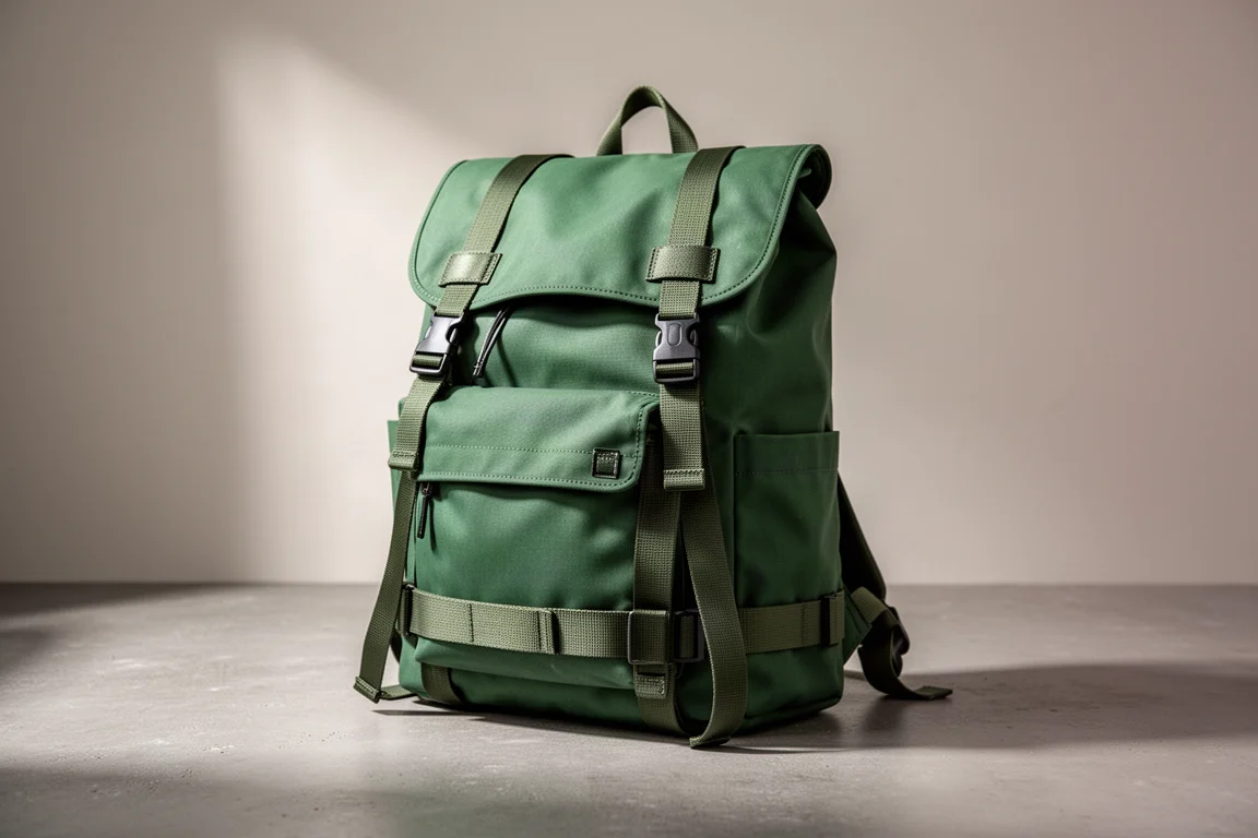 Able Carry Daily Plus everyday backpack standing upright on a concrete surface