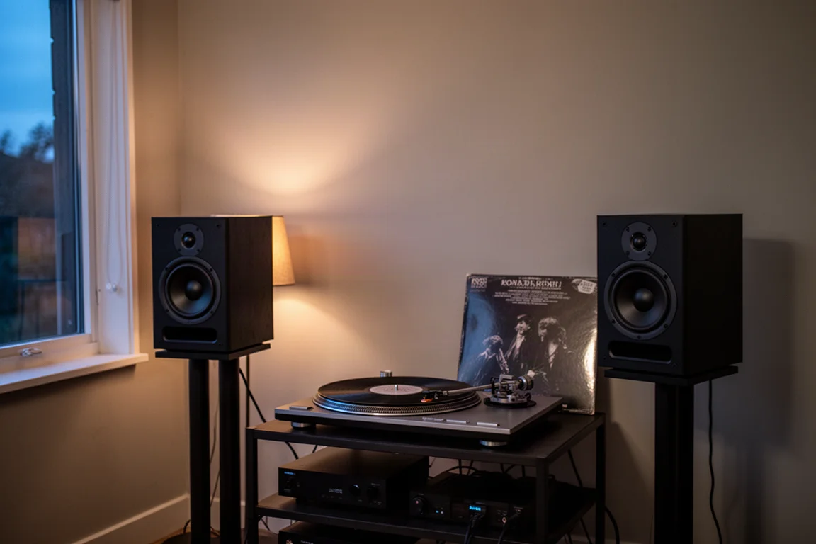 Gramofon i głośniki ustawione razem w małym pokoju odsłuchowym o zmierzchu