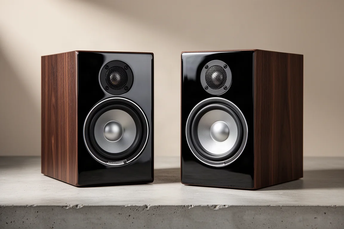 Pair of gloss black powered bookshelf speakers angled on a matte concrete surface