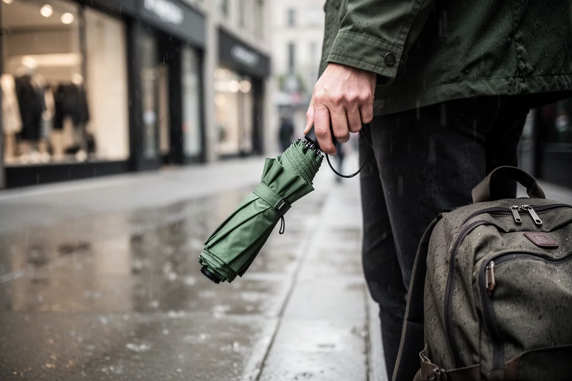 Zamknięty kompaktowy parasol podróżny trzymany w dłoni obok plecaka na deszczowej ulicy