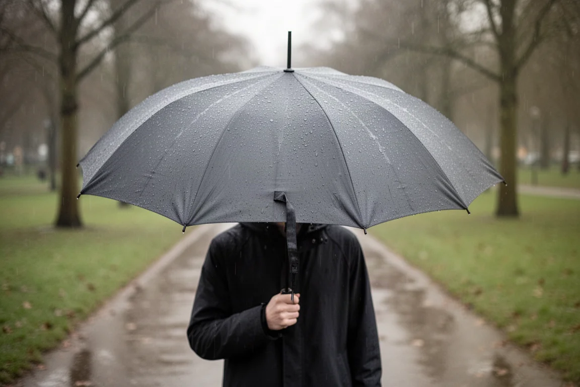 Otwarty mały parasol osłaniający jedną osobę podczas lekkiego deszczu