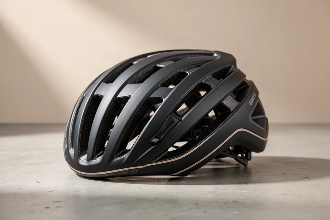 Aero road cycling helmet with long wide vents resting on a concrete surface