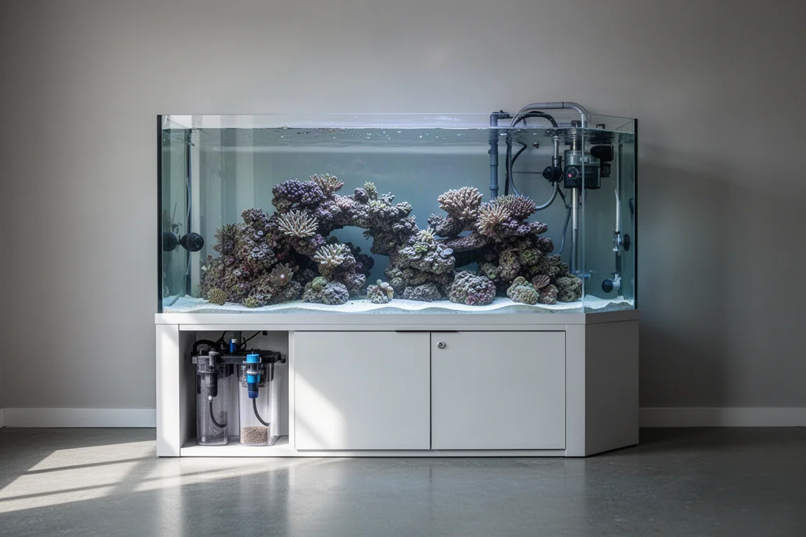 Grande acquario di barriera corallina in una stanza dalla luce soffusa con mobile attrezzature sotto