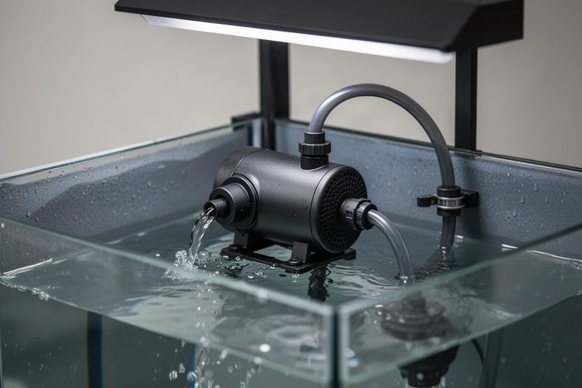 Pompa di risalita in funzione all'interno di una sump con acqua che vi scorre attraverso