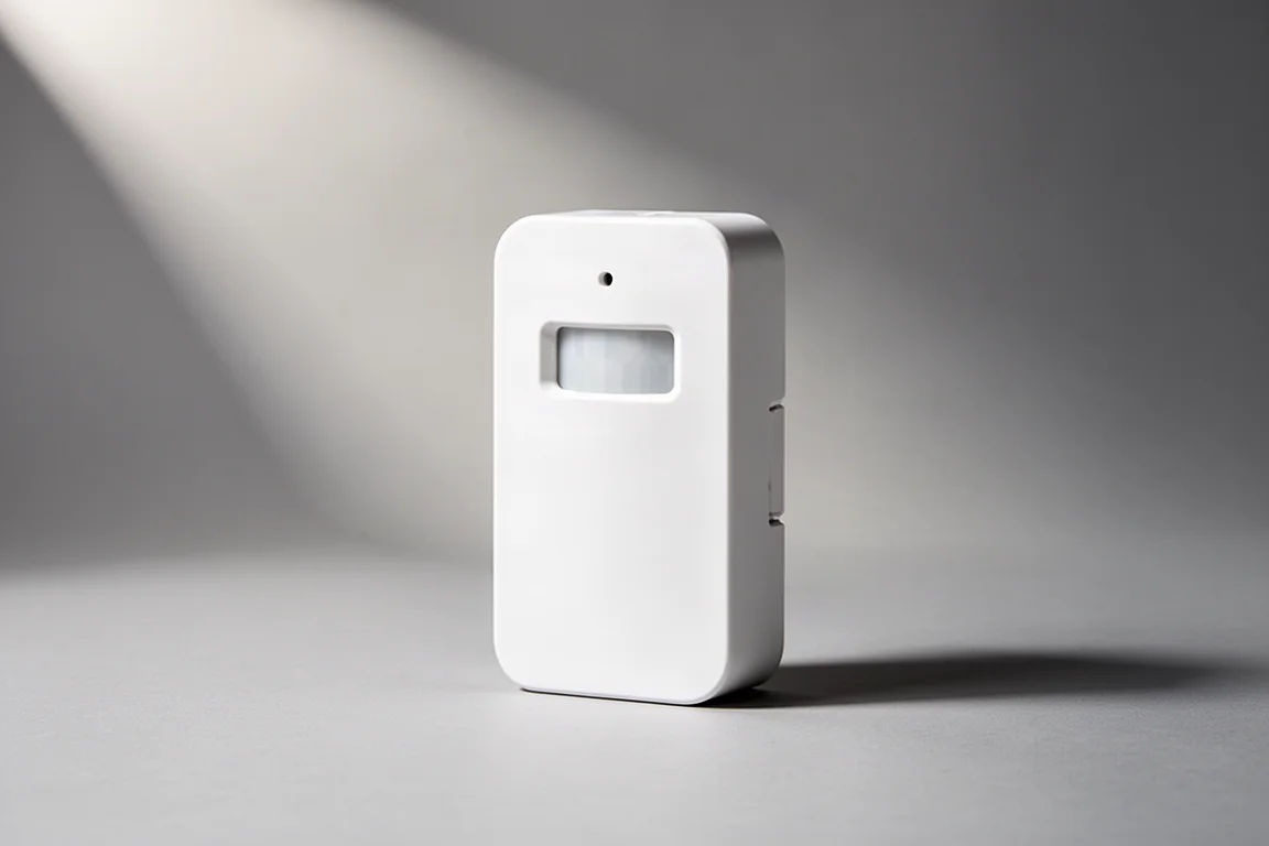Smart-Home-Geräte, darunter ein E-Ink-Dashboard, Garagentoröffner, Smart-Button und Luftqualitätssensor, auf einer Betonoberfläche angeordnet
