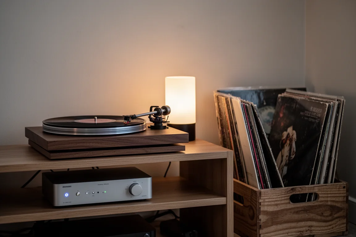 Listening room corner with a turntable, phono stage and crate of vinyl records