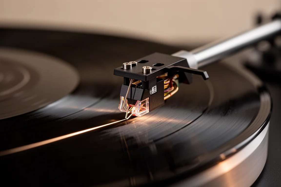 Close-up of a phono stylus tracing the groove of a spinning vinyl record