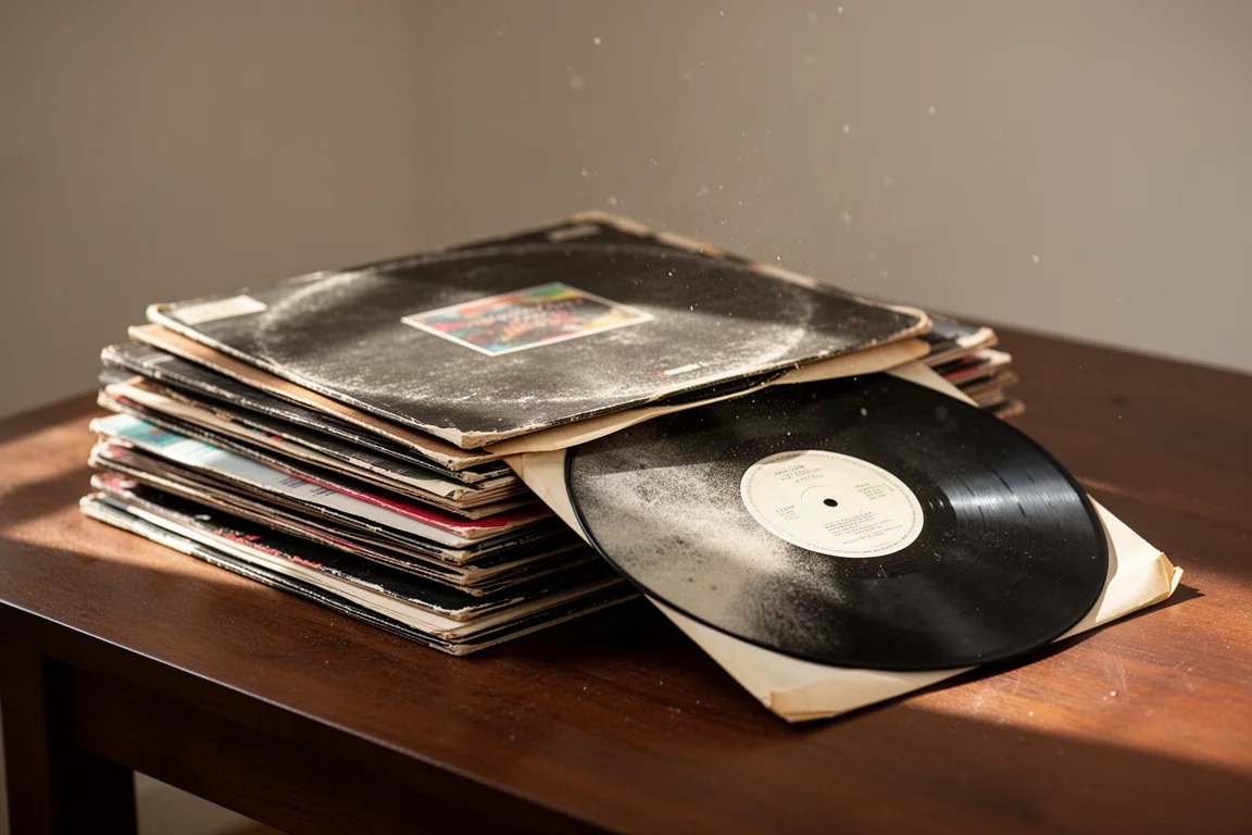 Stack of well-worn vinyl records with aged sleeves on a dark wooden table