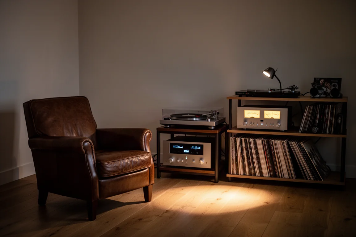Evening listening room with an armchair facing a hi-fi rack and turntable