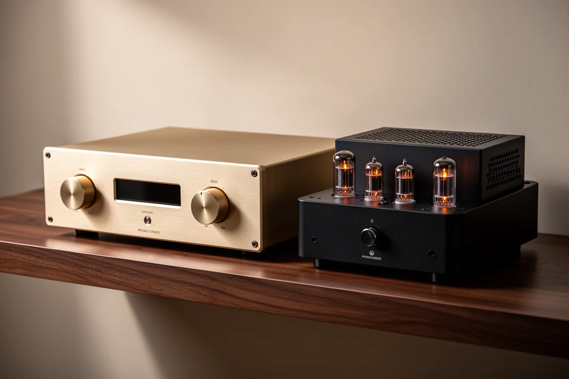 Two high-end phono stages side by side on a dark walnut shelf