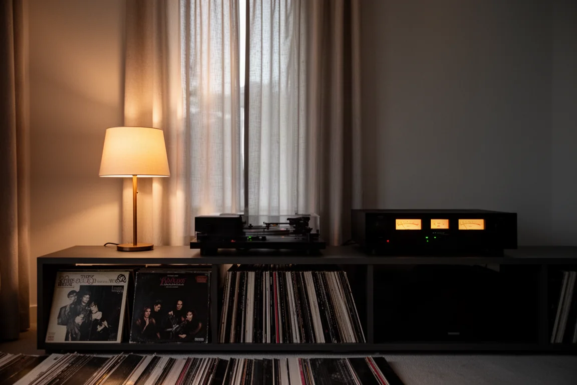 Listening room at dusk with a vinyl shelf, warm lamp and glowing hi-fi meter lights