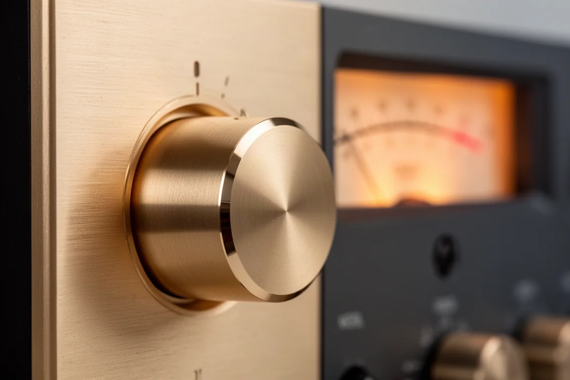Close-up of a bevelled aluminium rotary knob on a champagne amplifier faceplate