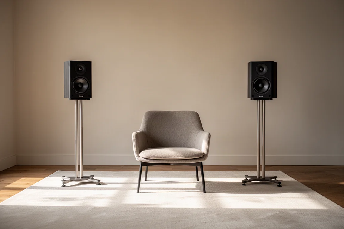Pair of stand-mount speakers on stands in a softly lit living room