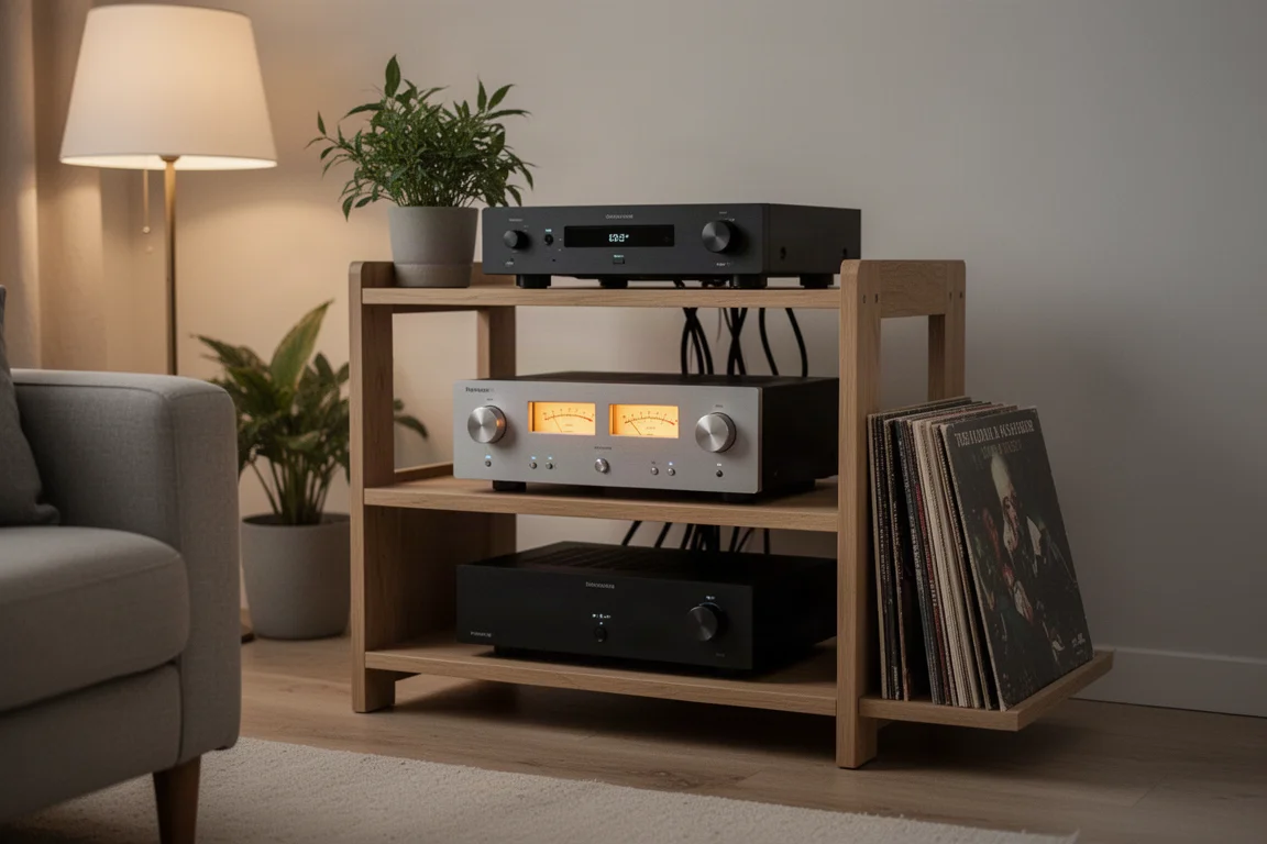 Hi-fi rack in a living room with an amplifier, source component and records