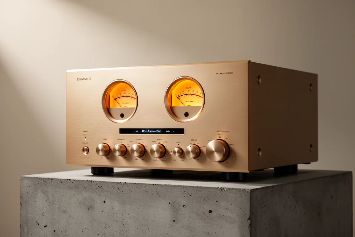 Champagne-gold integrated amplifier with VU meters and rotary dials on a concrete surface