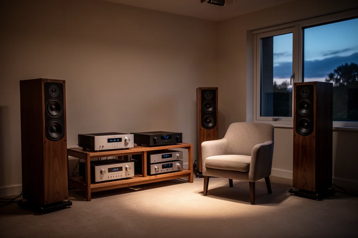 Listening room at dusk with a rack of audio components and floorstanding speakers