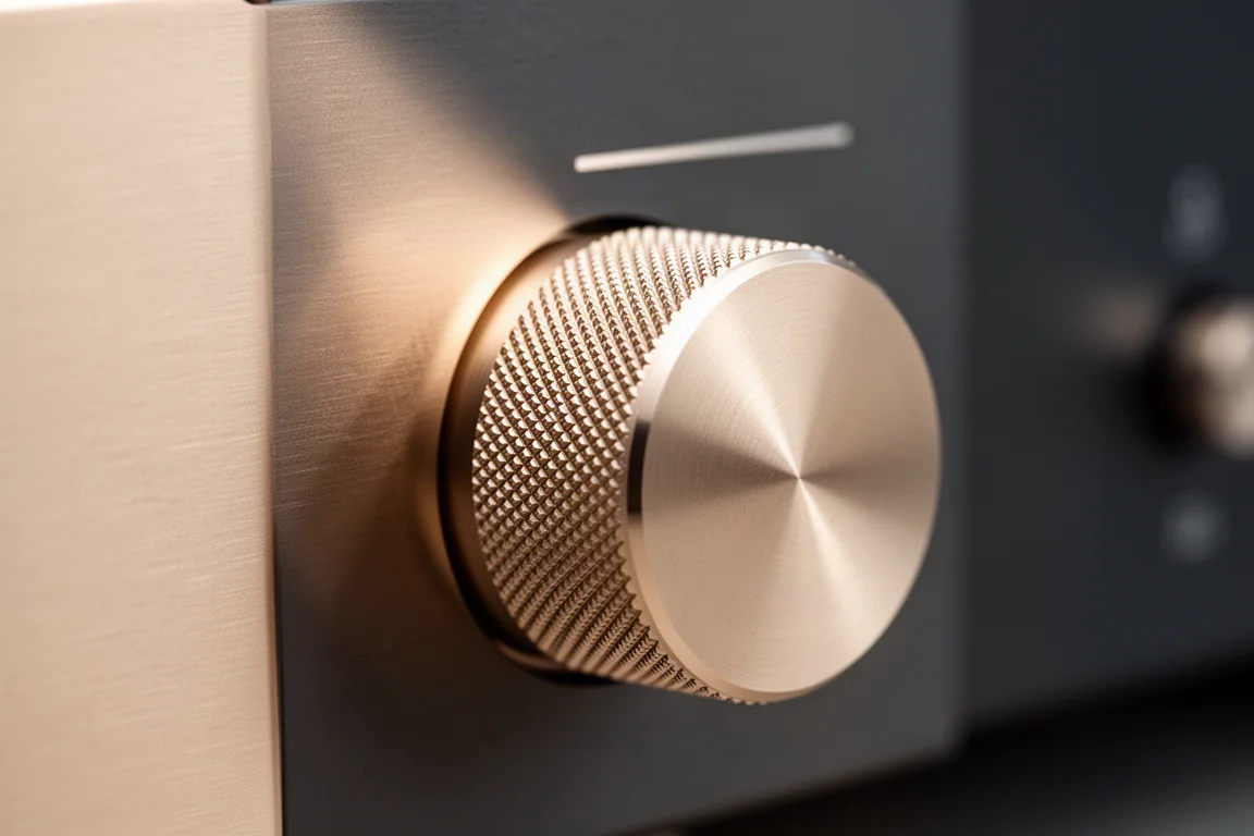Close-up of a machined metal volume knob and front panel detailing